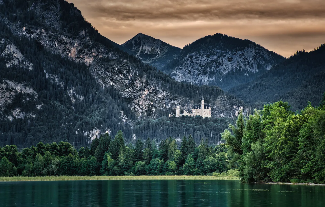 Фото обои Горы, Озеро, Деревья, Германия, Лес, Замок, Бавария, Germany