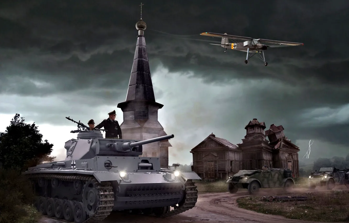 Фото обои Церковь, танк, самолёт, Немецкий, Средний, Танкисты, Fieseler, Pz.III