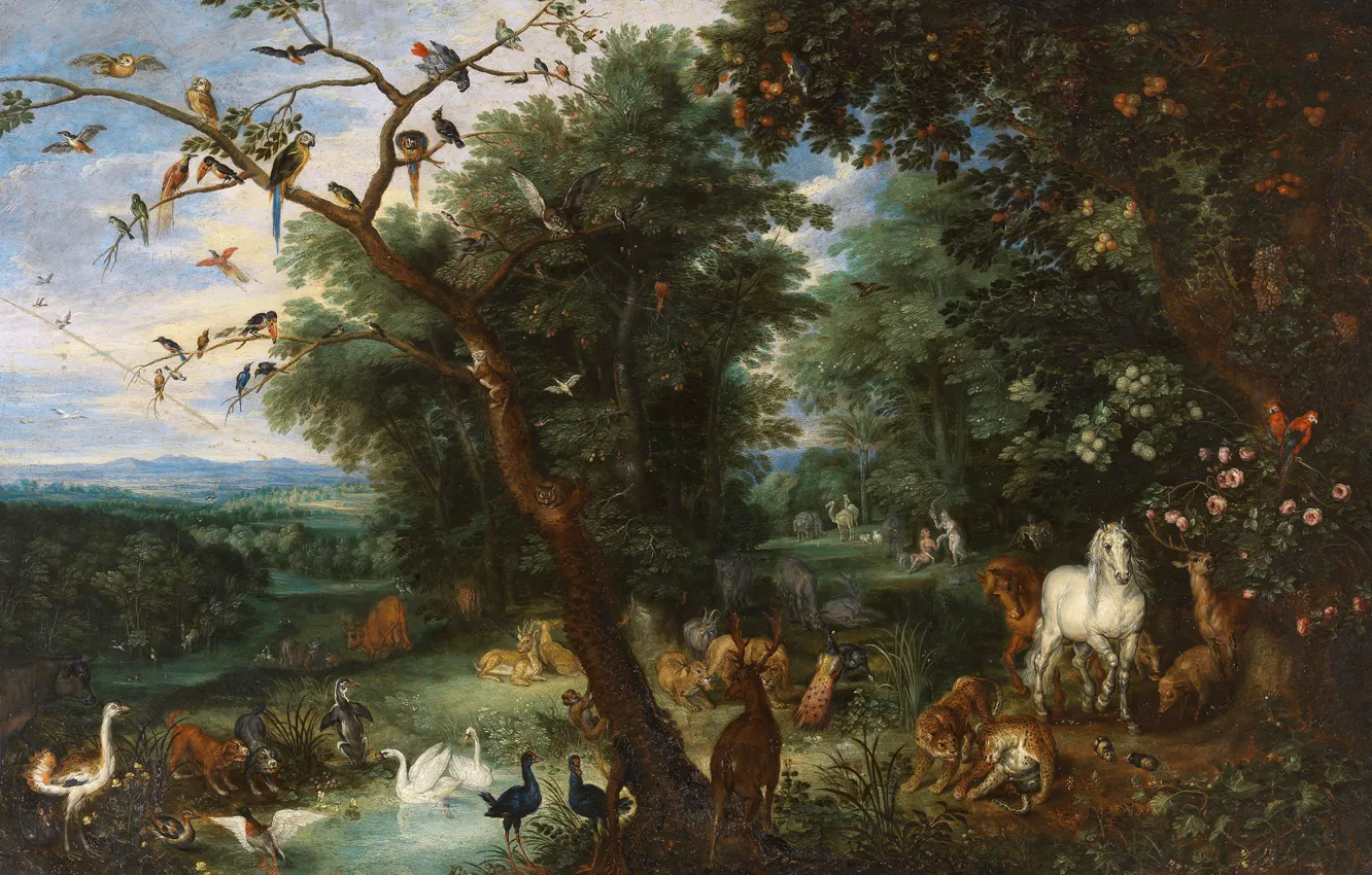 Фото обои картина, мифология, Ян Брейгель старший, Адам и Ева в Эдемском Саду