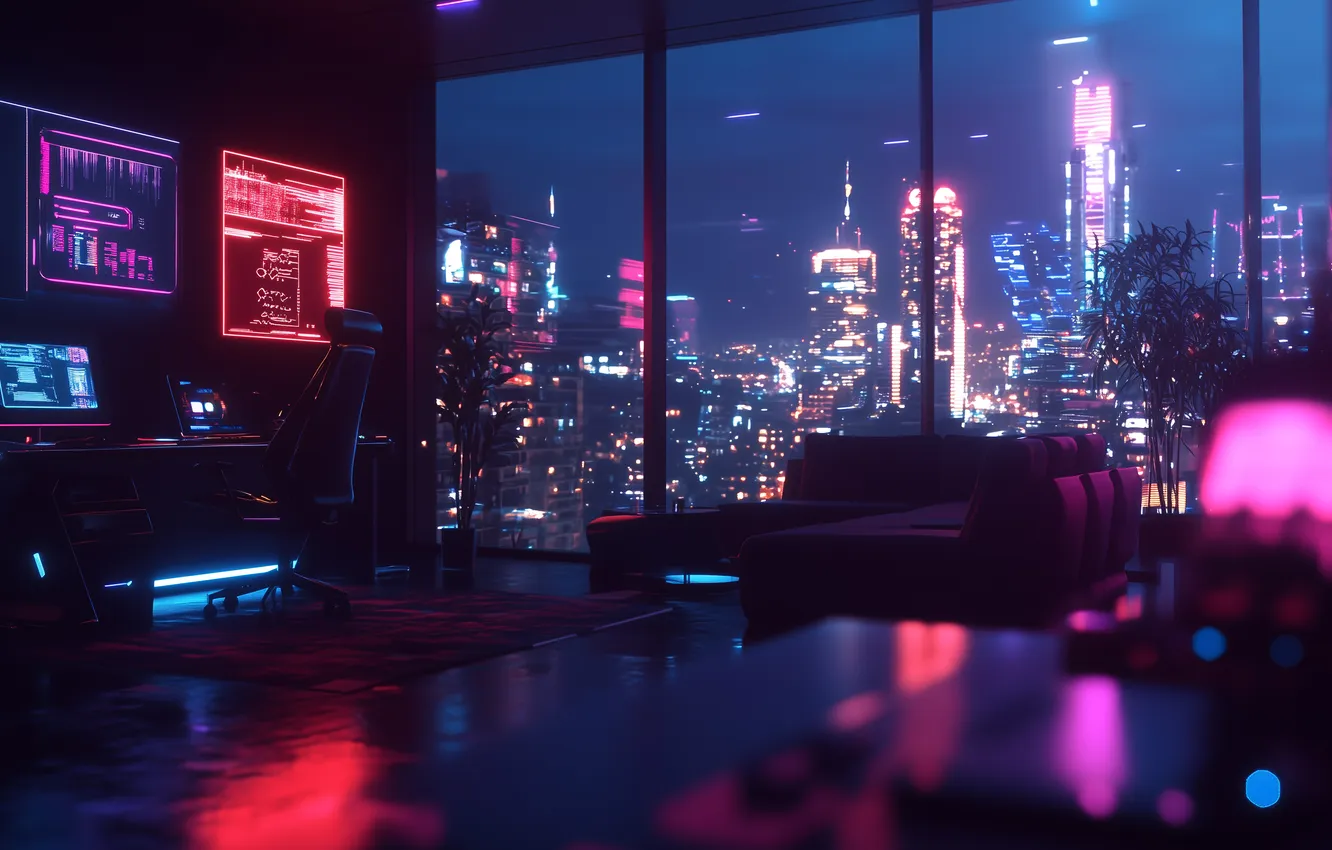 Фото обои city, город, интерьер, неон, computer, night, science fiction, city lights