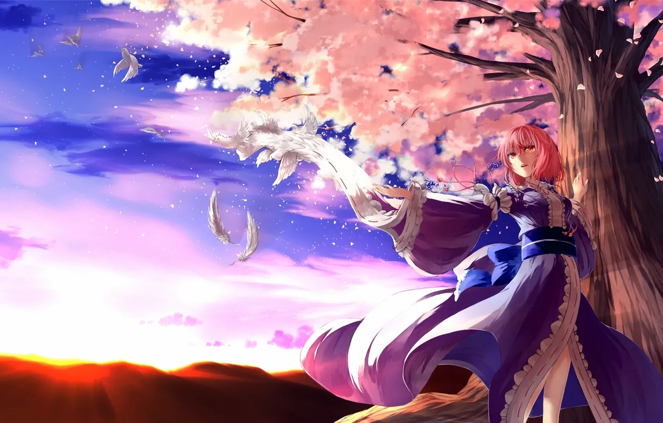 Фото обои девушка, птицы, дерево, сакура, арт, кимоно, touhou, saigyouji yuyuko