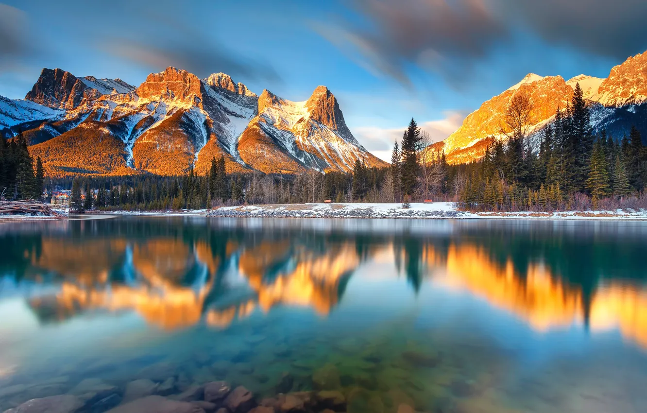 Фото обои лес, горы, озеро, река, утро, Канада, Альберта, Канмор