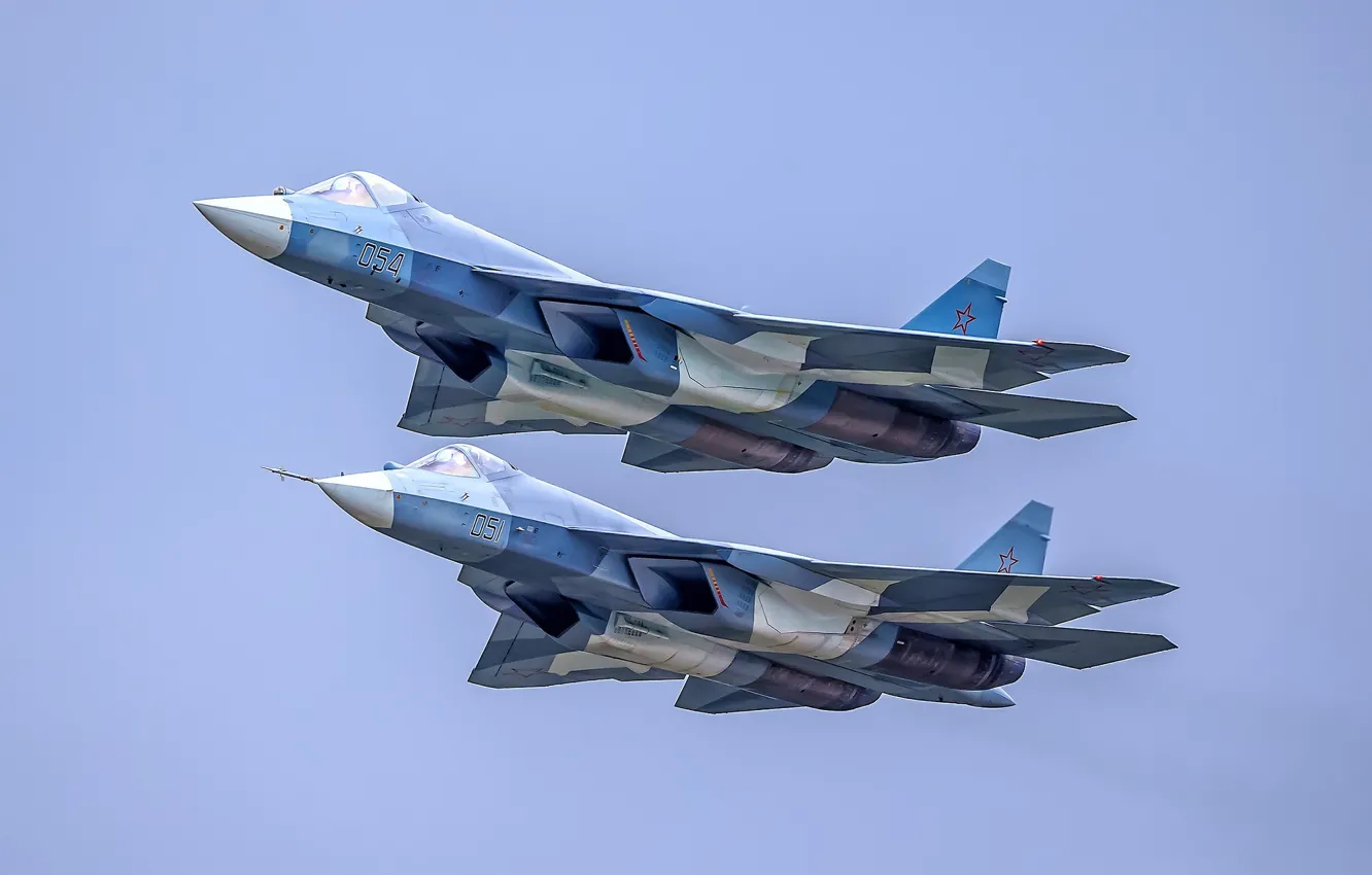 Фото обои пара, полёт, Т-50, ВКС России, Су-57, Su-57, многофункциональный истребитель