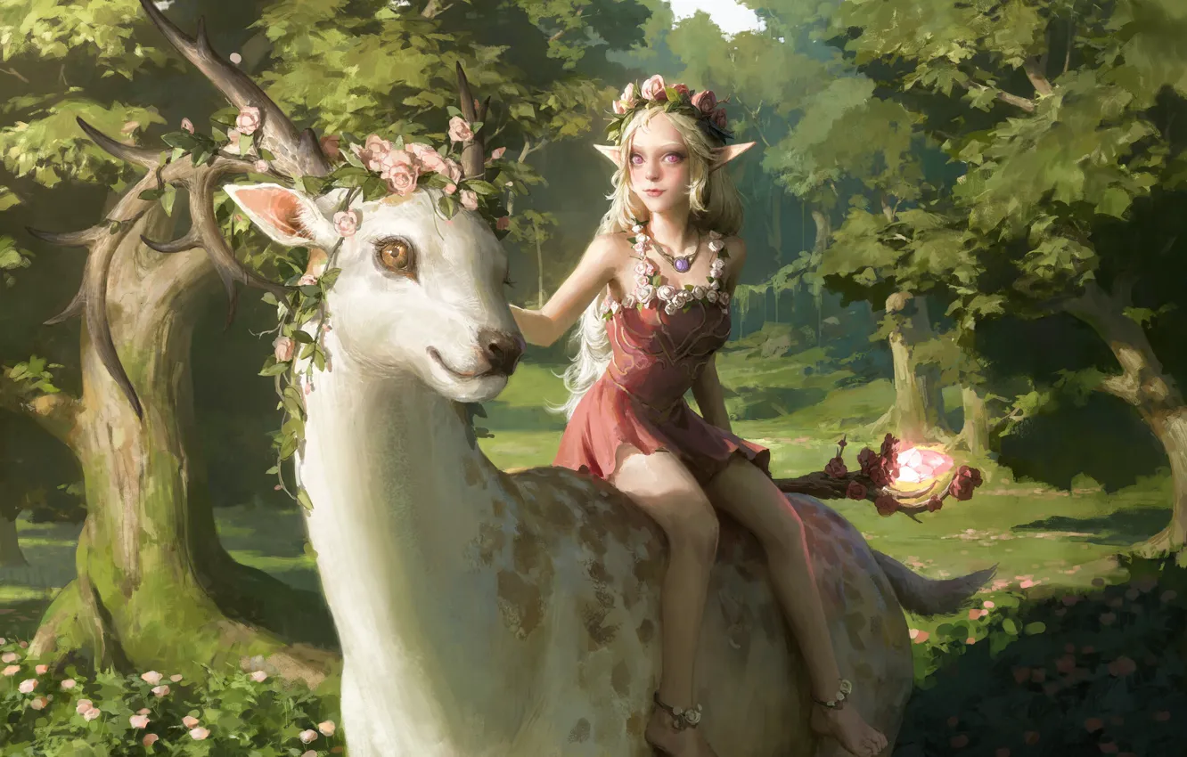 Фото обои олень, девочка, рога, сказочный лес, верхом, магический артефакт, elf girl, венок из роз