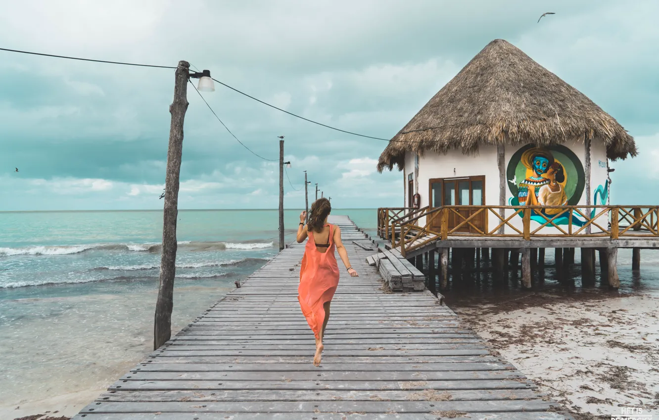 Фото обои Море, Девушка, Мексика, Хижина, Mexico, Cloudy day, Isla Holbox, Пасмурный день