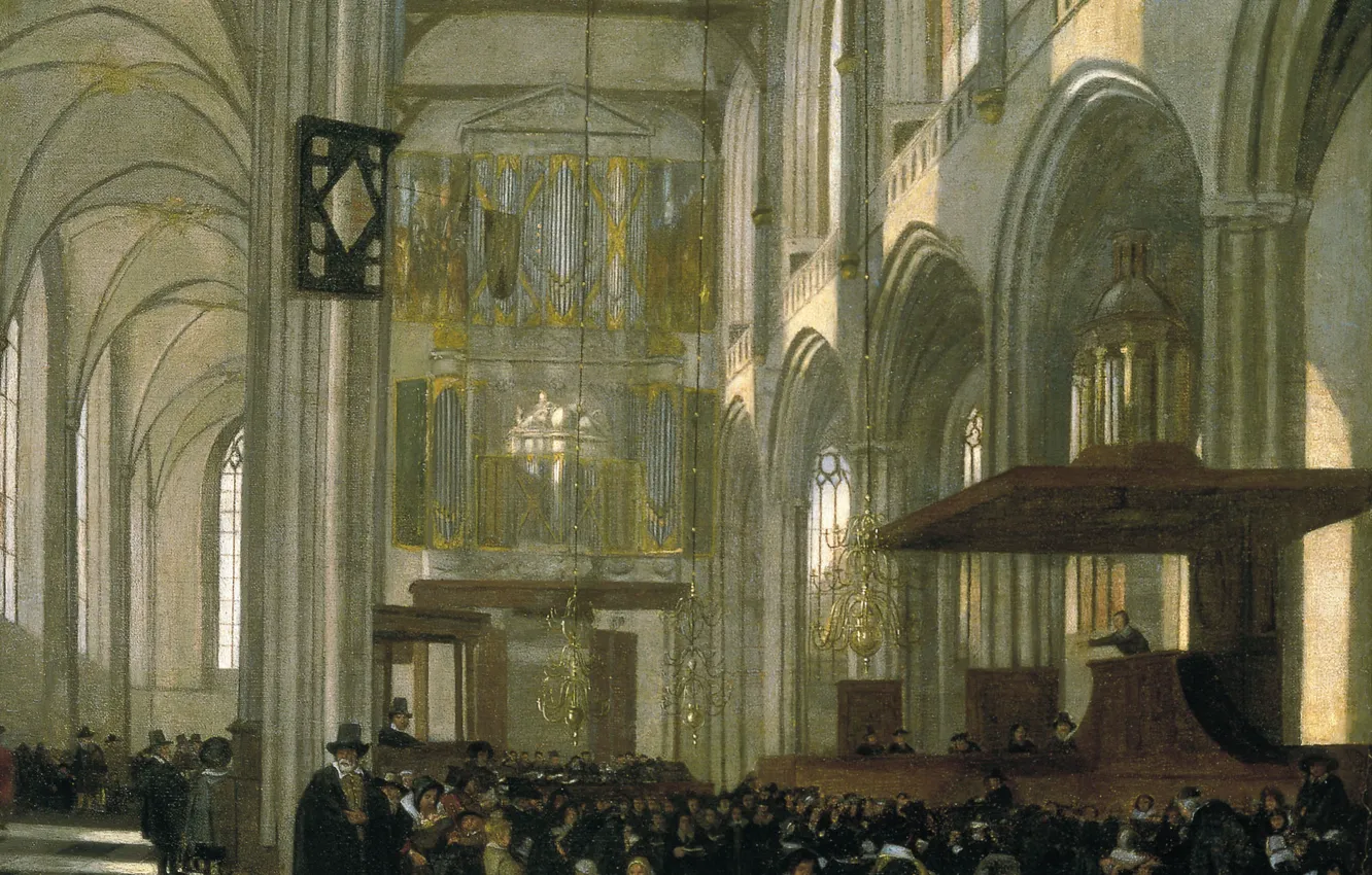 Фото обои Emanuel de Witte, Interior of the Nieuwe, ca1658, Нидерландская живопись., During a Service, Kerk in …