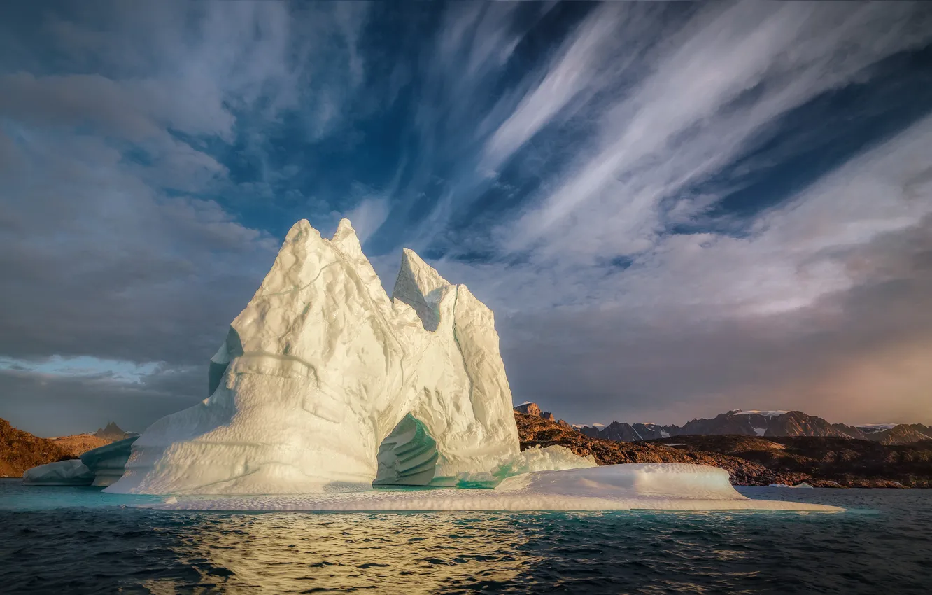 Фото обои море, облака, айсберг, льдина, фьорд, Гренландия, Greenland, Scoresby Sound