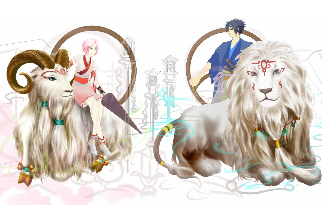 Фото обои лев, Сакура, Саске, naruto, знаки зодиака, art, овен, humoster