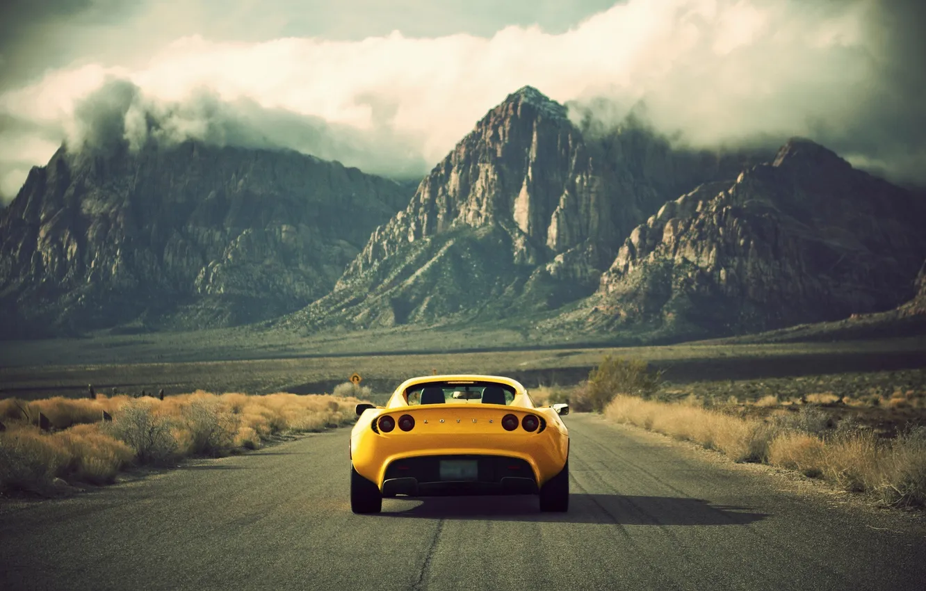 Фото обои дорога, машина, горы, желтый, обои, Lotus, Cars