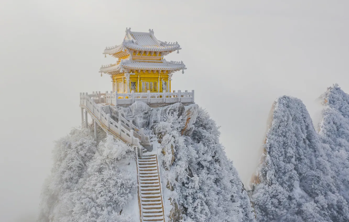 Фото обои China, mountains, snow, temple, frost, starway