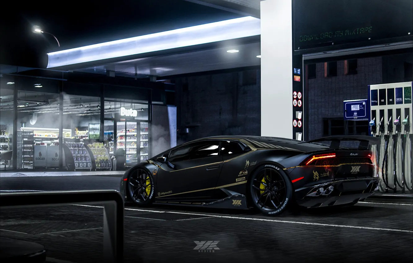 Фото обои Авто, Черный, Ночь, Lamborghini, Машина, Заправка, Auto, Black