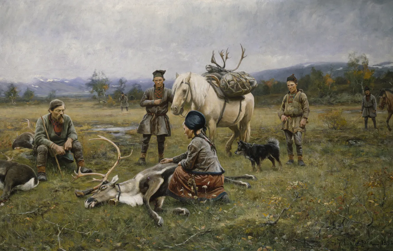 Фото обои Юхан Тирен, 1891, шведский художник, Swedish painter, Отстрел оленей, The Laplander Camp at Gleen, Johan …