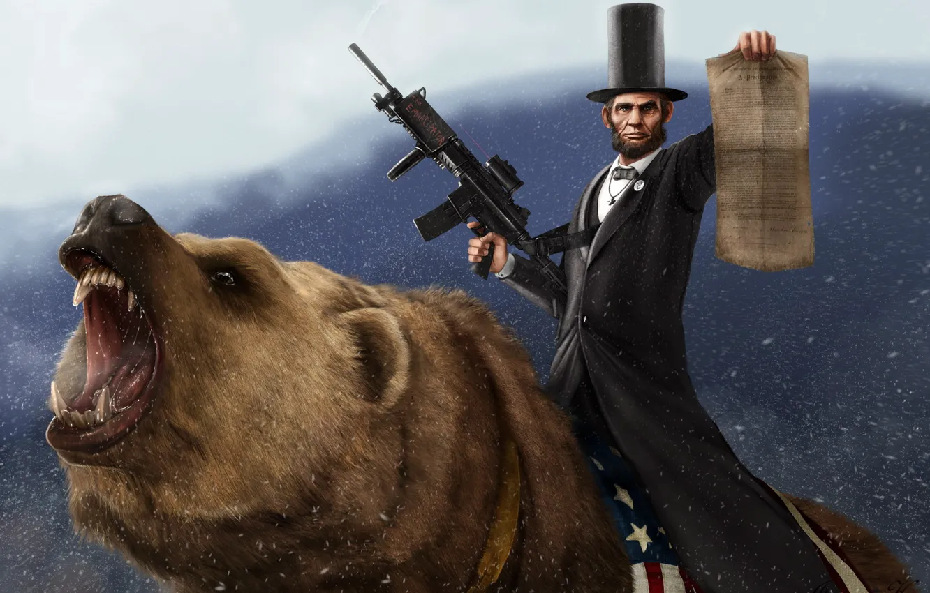 Фото обои снег, автомат, Медведь, прокламация, авраам линкольн