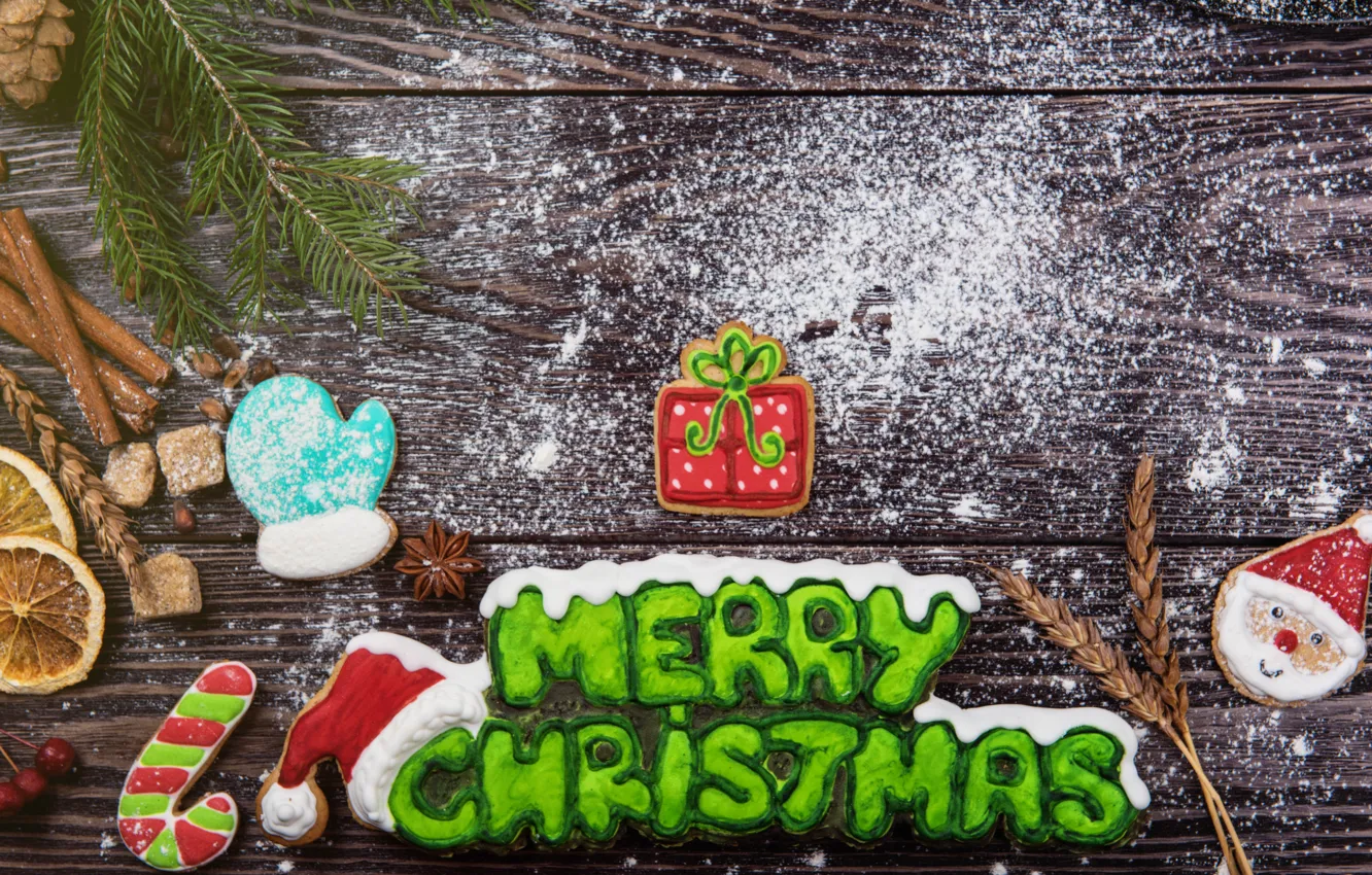 Фото обои снег, новый год, печенье, Рождество, wood, merry christmas, cookies, decoration
