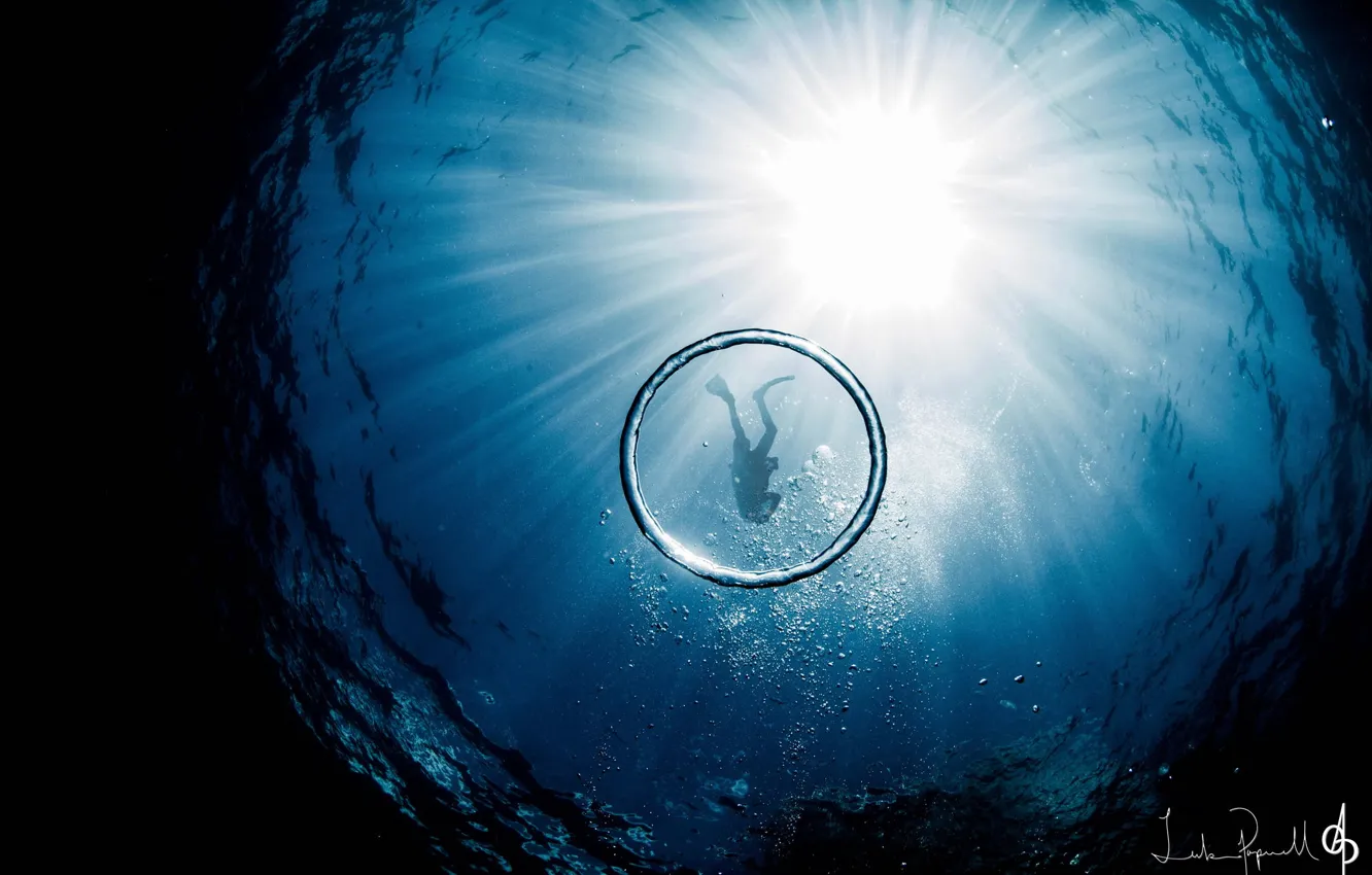Фото обои море, свет, океан, человек, круг, аквалангист