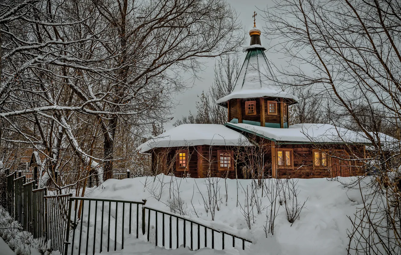 Фото обои зима, снег, деревья, пейзаж, природа, забор, церковь, Вячеслав Бирюков