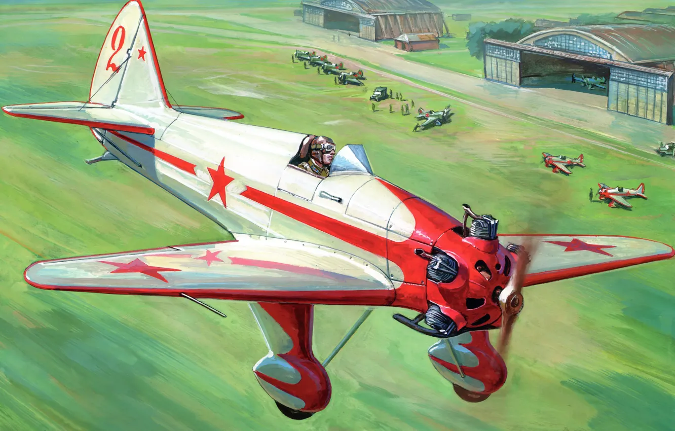 Фото обои поле, люди, рисунок, арт, самолёт, аэродром, самолёты, советский