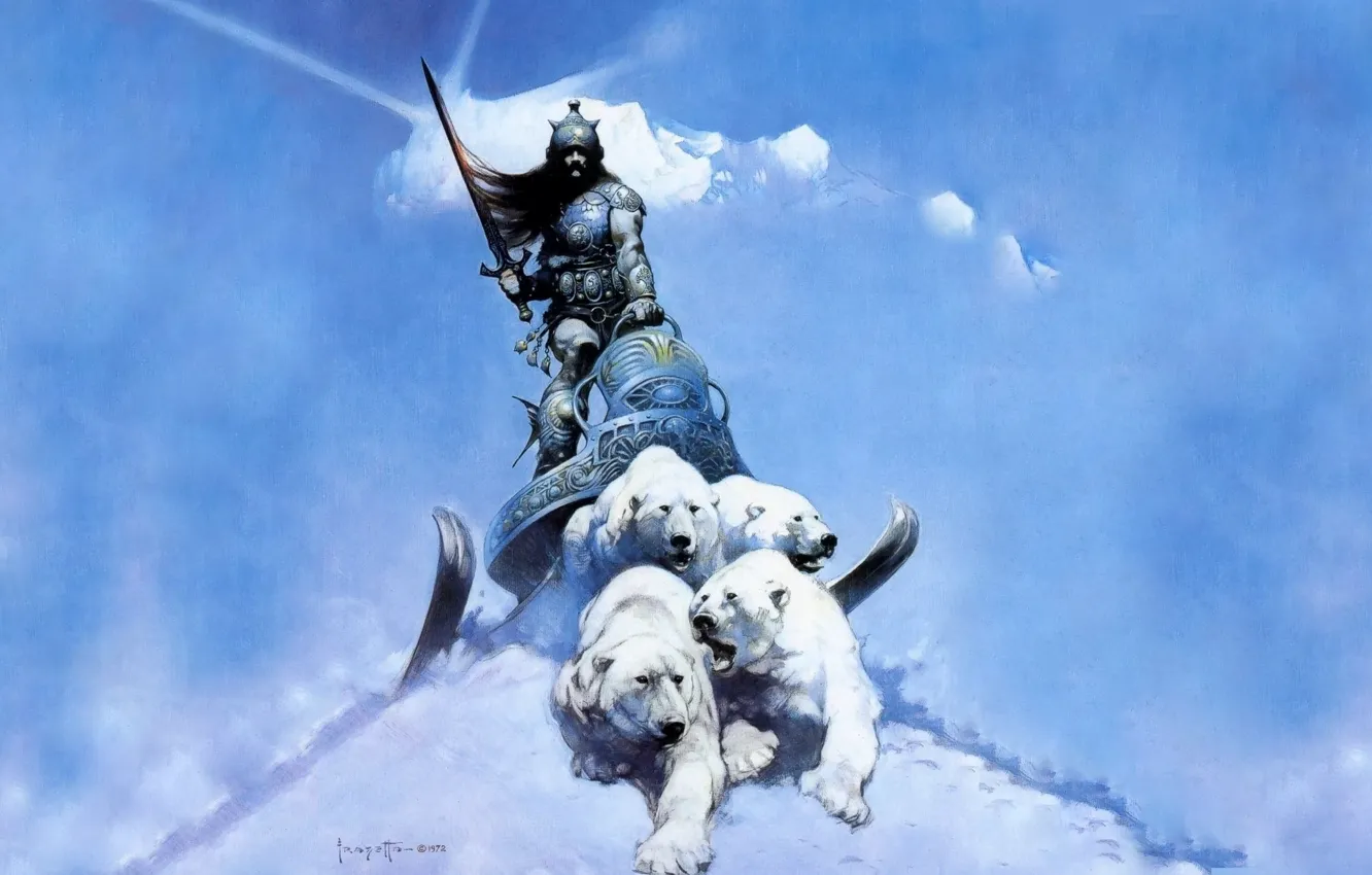 Фото обои Снег, Воин, Белые медведи, Сани, Frank Frazetta