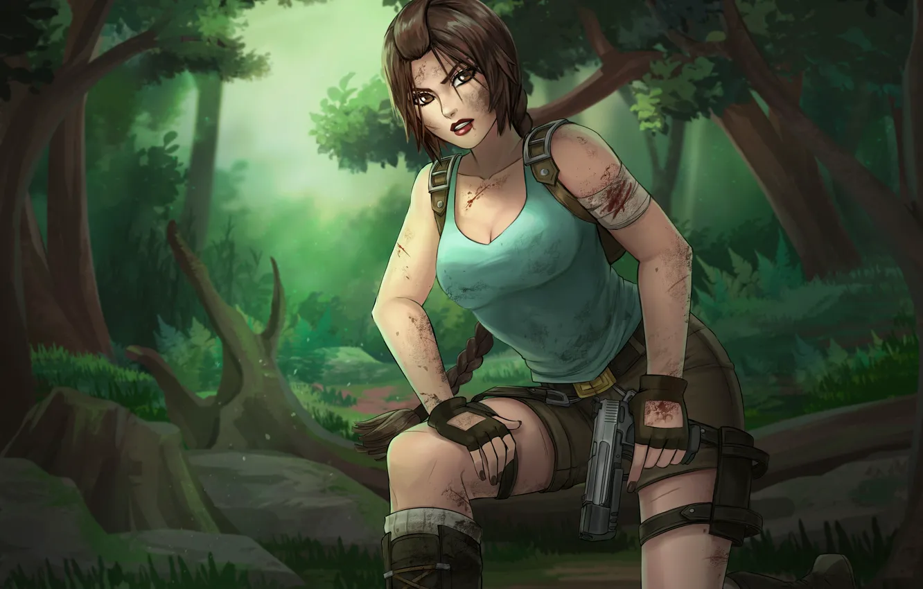 Фото обои лес, грудь, девушка, пистолет, шорты, грязь, Tomb Raider, art