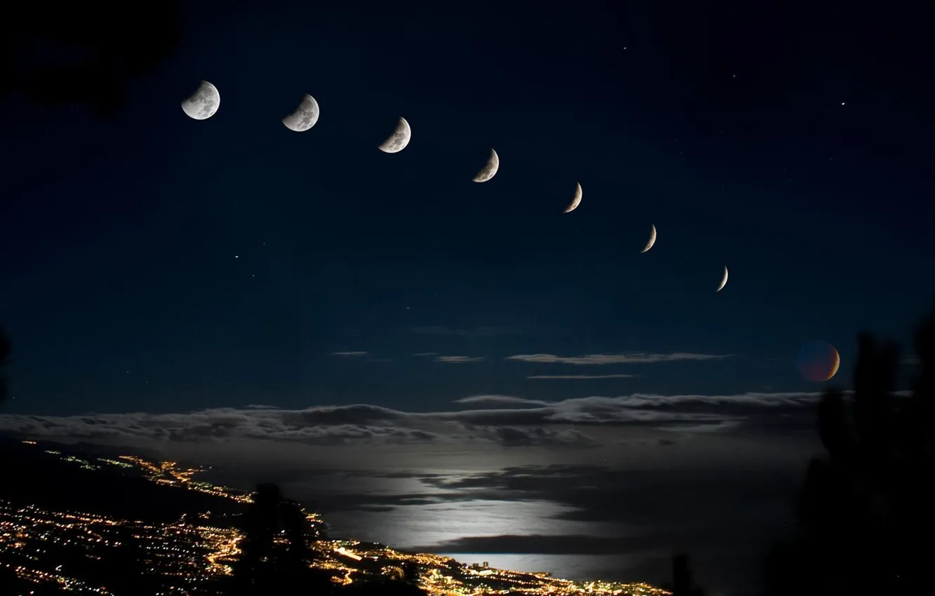 Фото обои город, луны, ночной, фазы