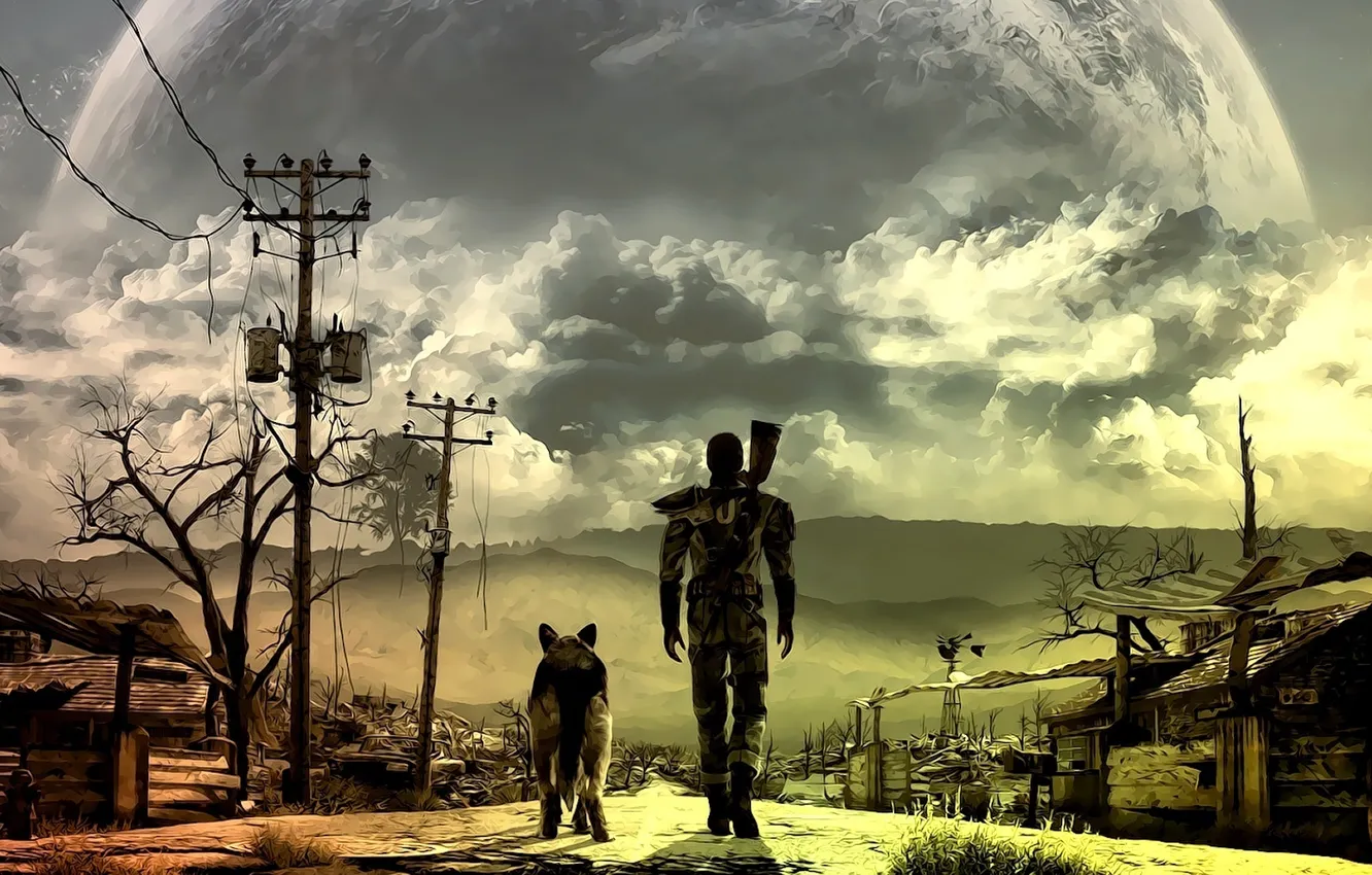 Фото обои дорога, горы, ландшафт, человек, собака, Fallout 3