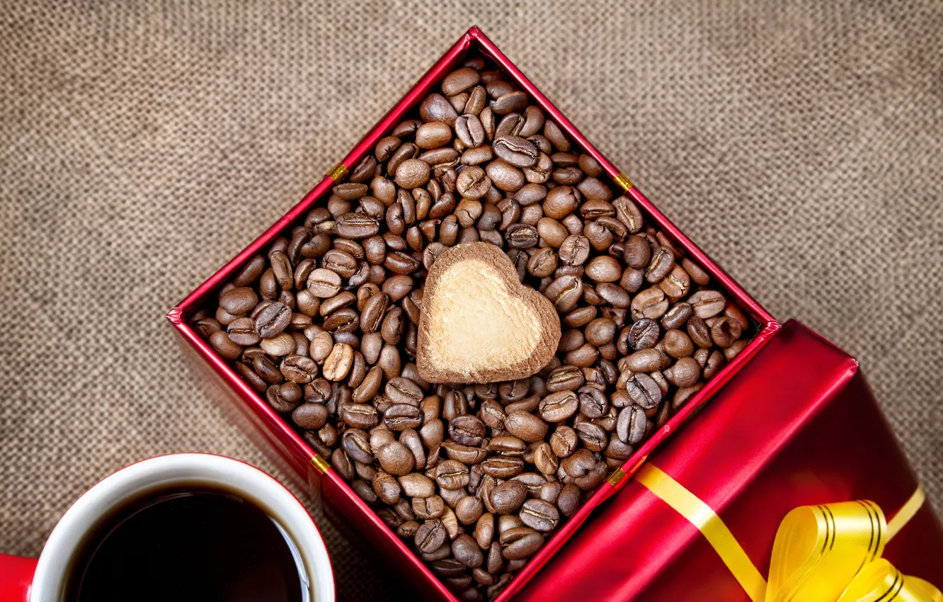 Фото обои коробка, подарок, сердце, кофе, зерна, печенье