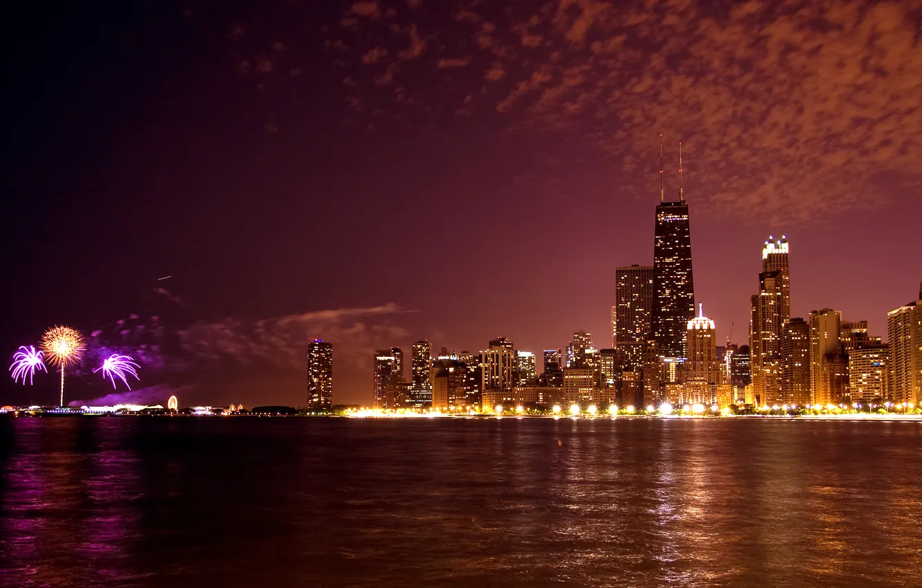 Фото обои ночь, огни, Чикаго, панорама, США, феерверк, Иллиноис