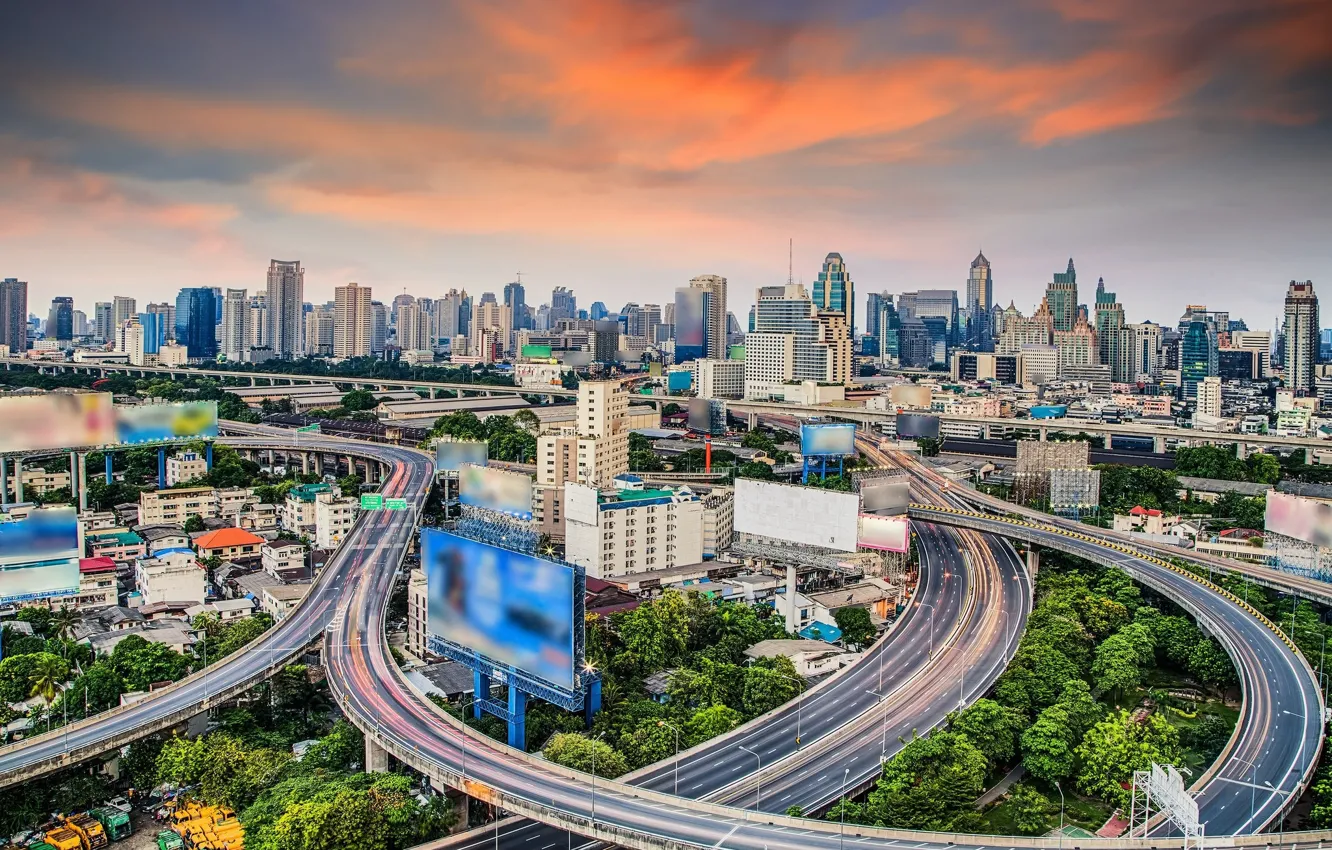 Фото обои город, здания, дороги, реклама, Тайланд, Бангкок, экраны