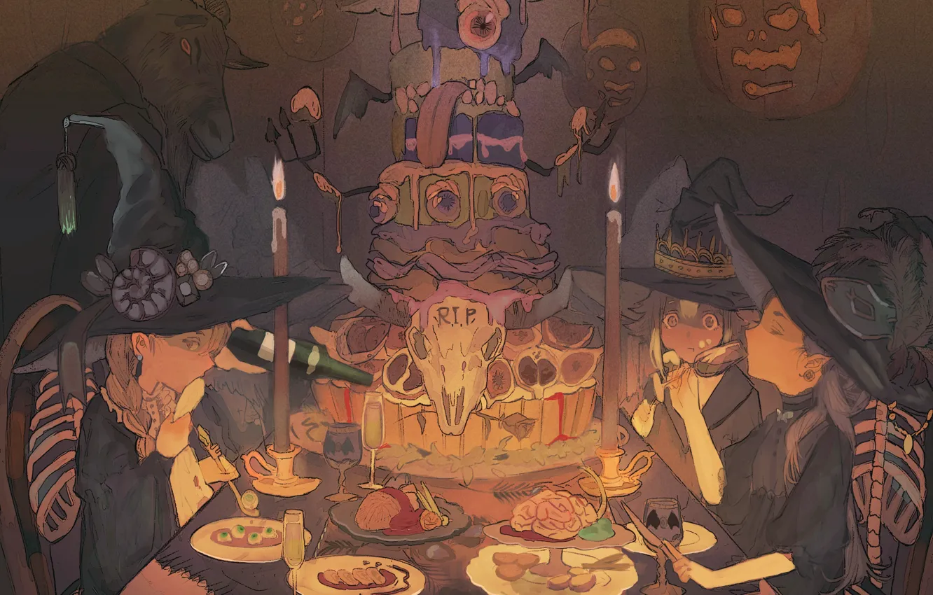 Фото обои тыквы, торт, Хеллоуин, halloween, собрание, в темноте, шляпа ведьмы, ведьмочки