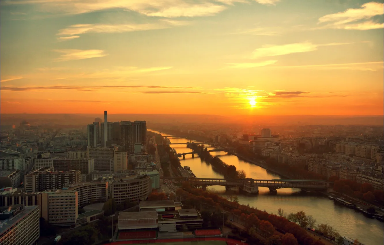 Фото обои город, река, рассвет, Париж