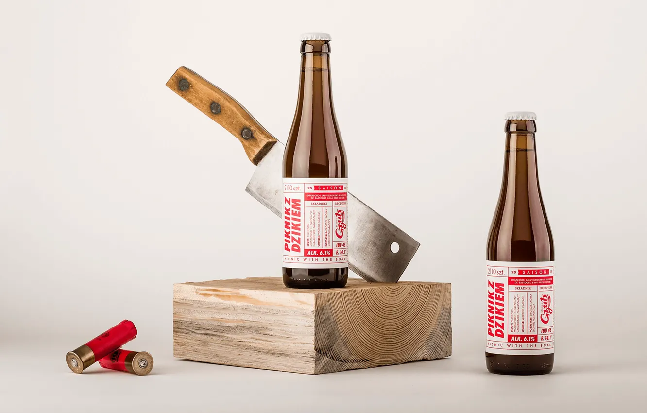 Фото обои бутылки, тесак, чурка, Gzub Craft Brewery, Beer Design