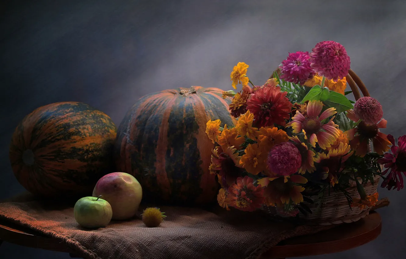 Фото обои цветы, корзина, яблоки, плоды, тыквы, фрукты, натюрморт, овощи
