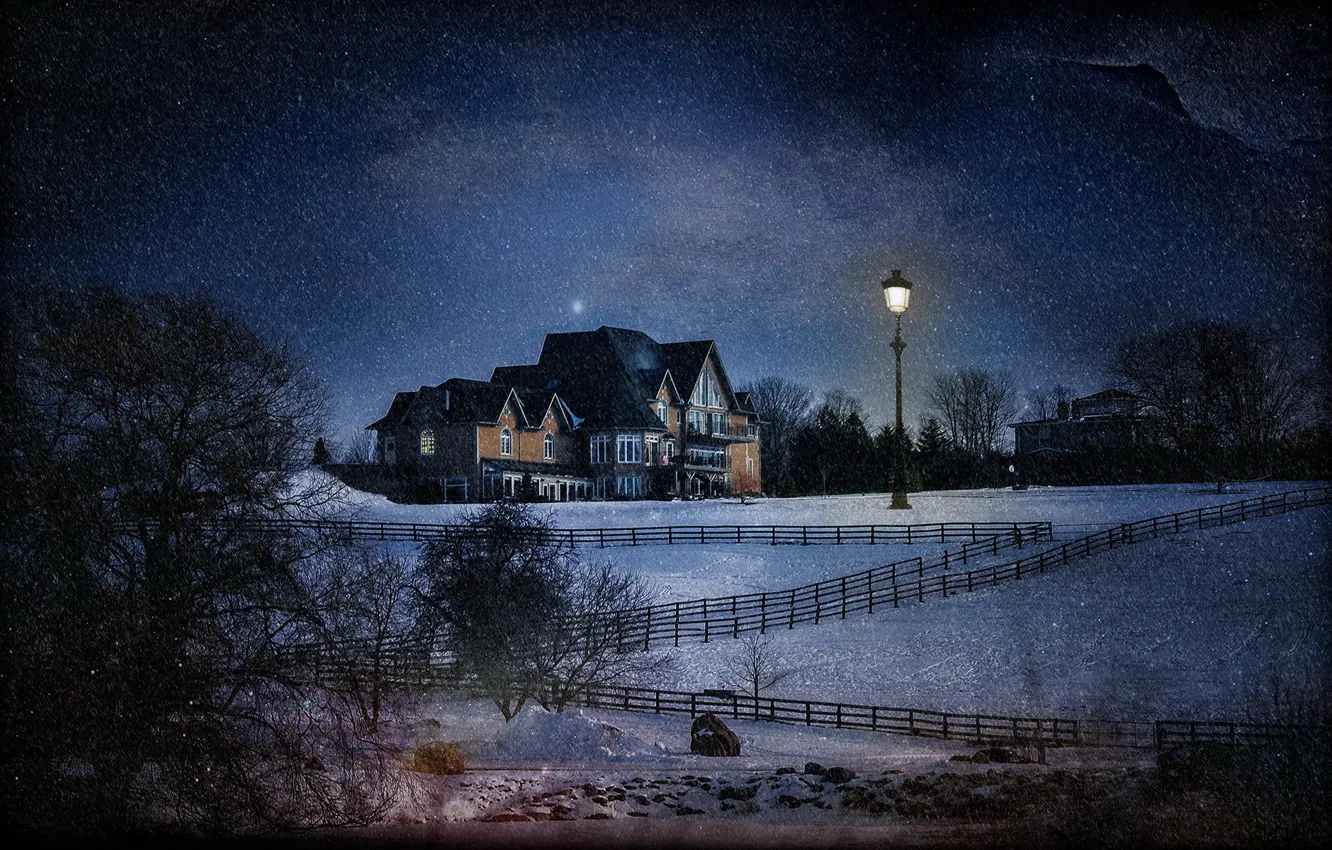 Фото обои снег, ночь, дом, обработка, фонарь