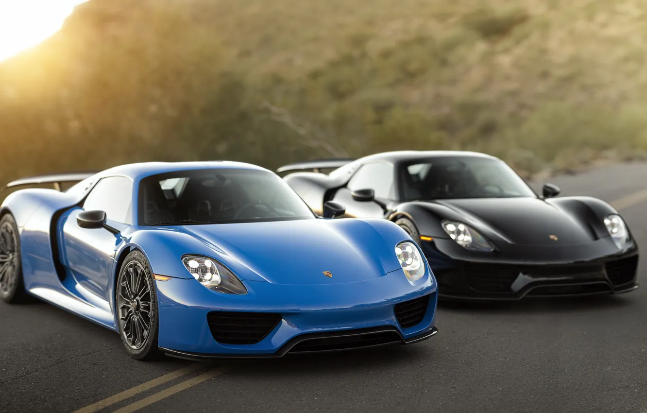 Фото обои Porsche, Blue, Black, 918, &ampamp;, Spyders
