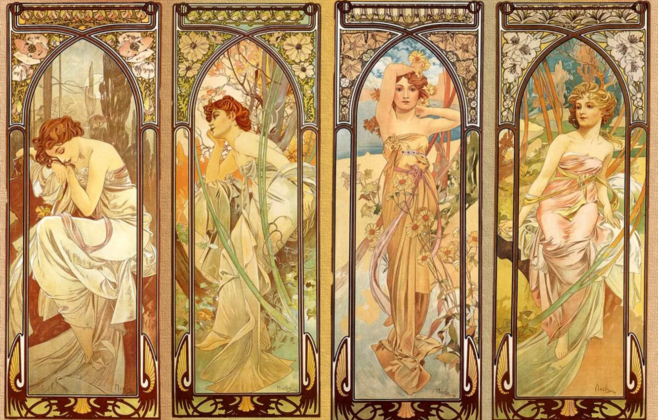 Фото обои фреска, композиция, цветочный орнамент, нимфы, женские образы, Альфонс Муха, Alfons Maria Mucha, 4 девушки