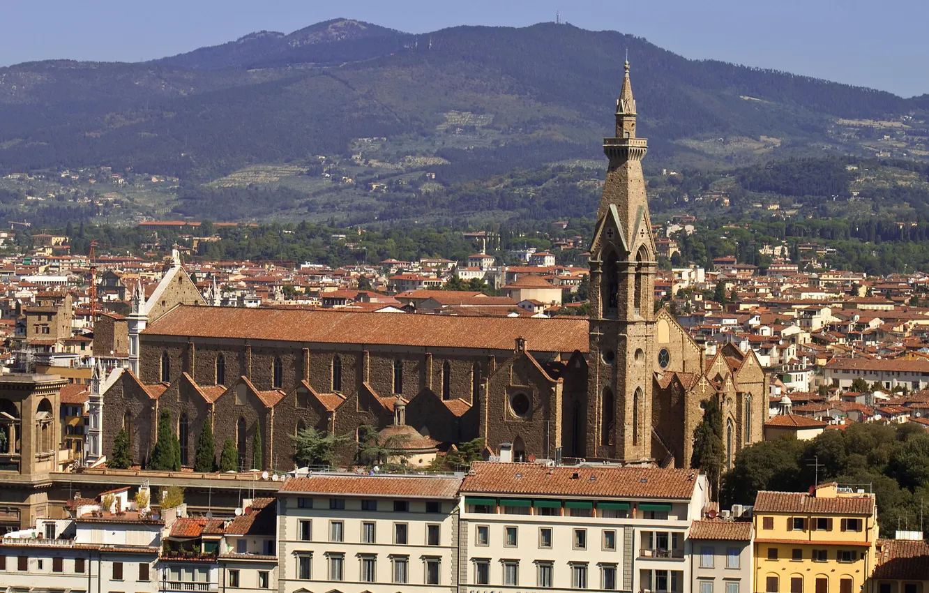 Фото обои горы, дома, Италия, Флоренция, базилика Санта-Кроче