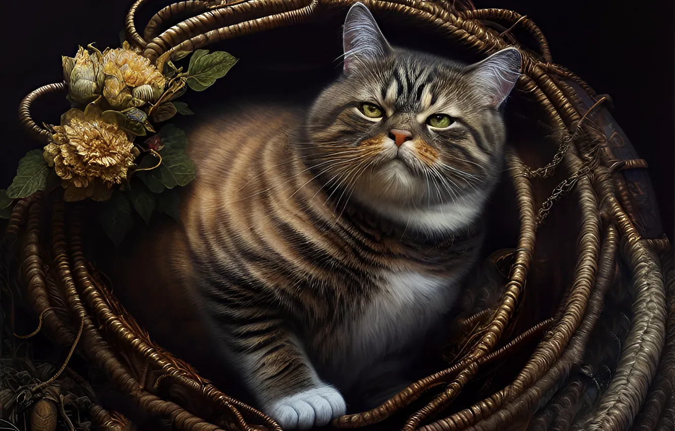 Фото обои кошка, кот, взгляд, цветы, лапы, арт, композиция, толстый
