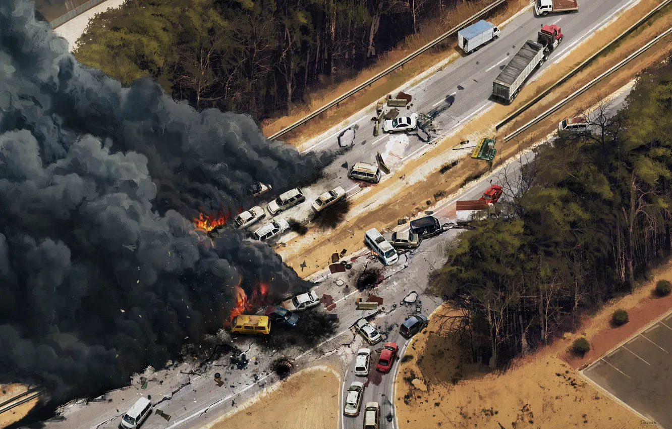 Фото обои авария, дым, трасса, катастрофа, столкновение, автомобили, region screen interstate