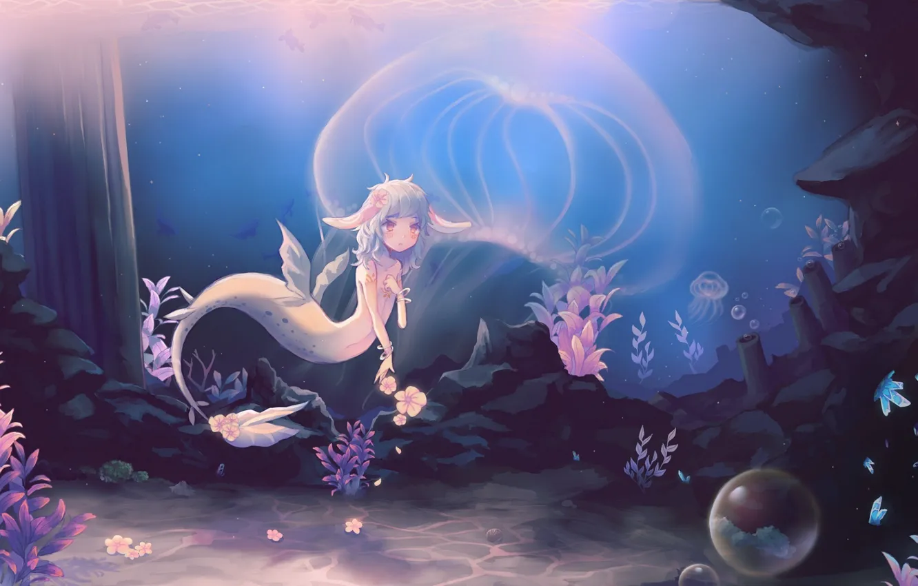 Фото обои цветы, пузыри, медуза, Русалка, подводный мир, ушки
