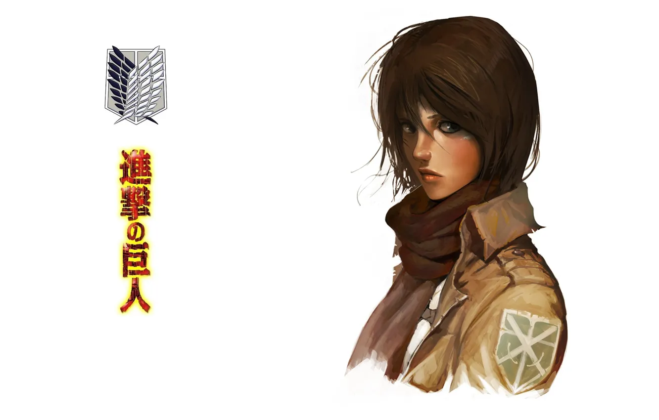 Фото обои взгляд, иероглифы, белый фон, эмблема, военная форма, Shingeki no Kyojin, Mikasa Ackerman, красный шарф