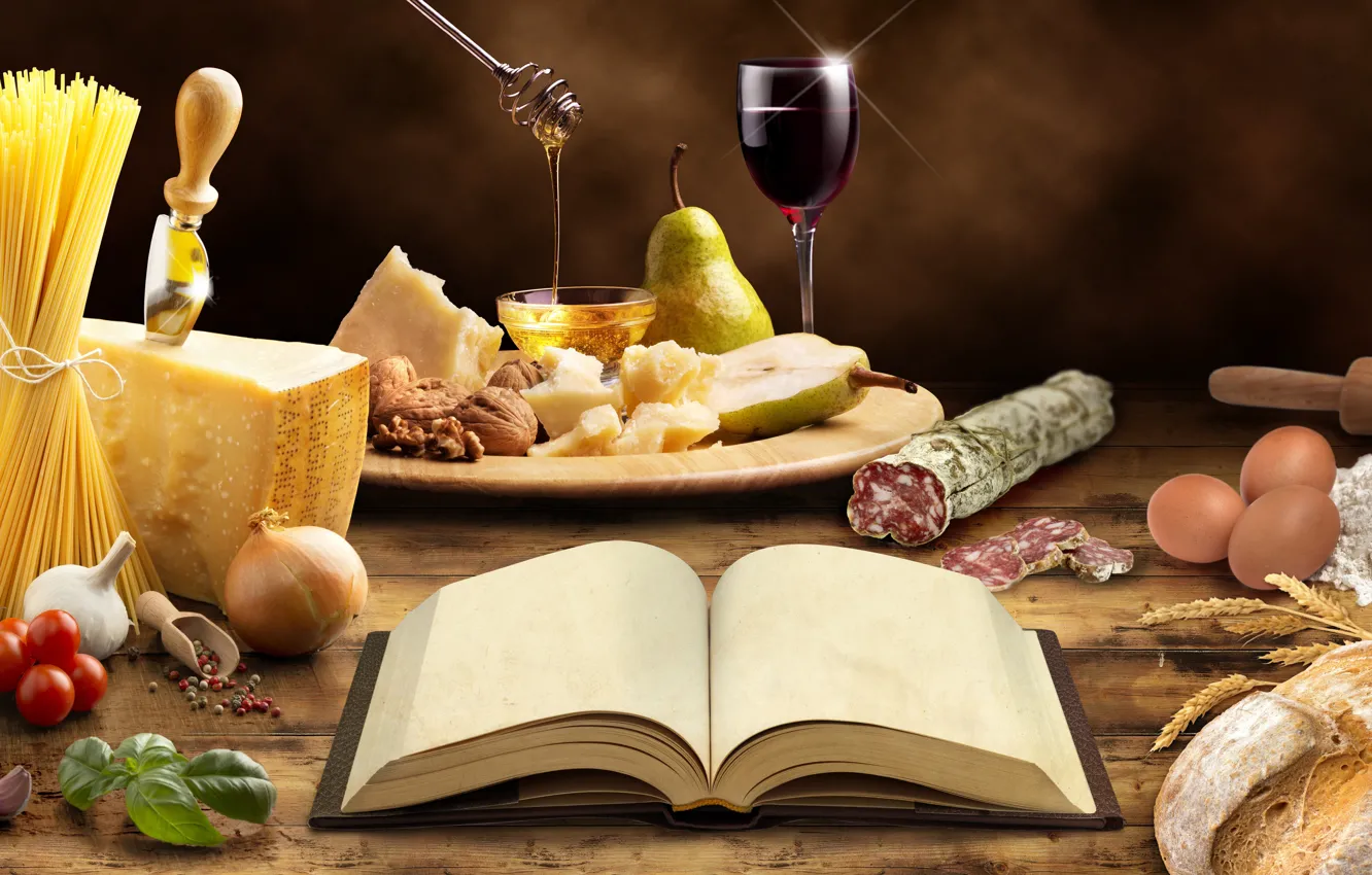 Фото обои стол, вино, бокал, яйца, сыр, лук, хлеб, нож