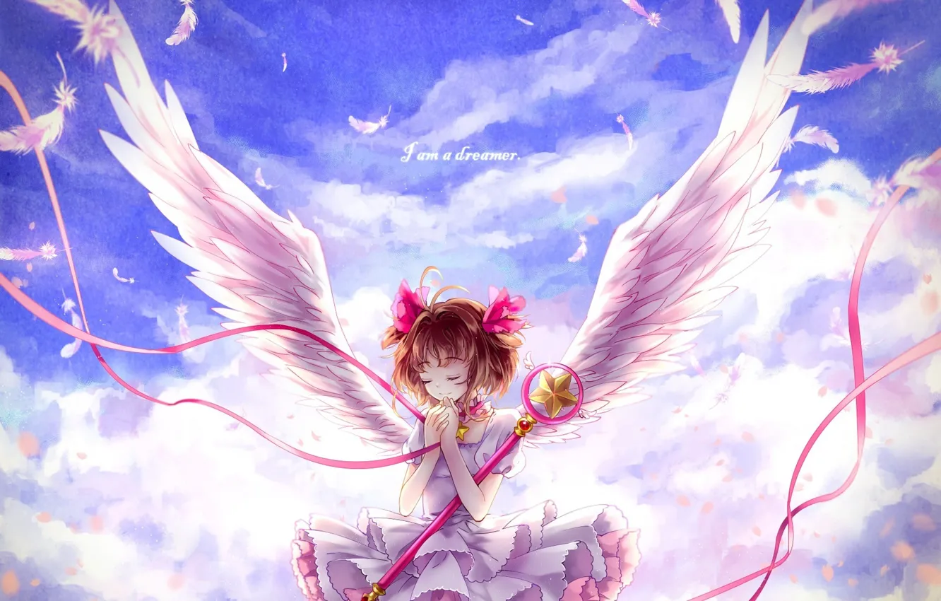 Фото обои небо, девушка, облака, крылья, аниме, перья, арт, лента