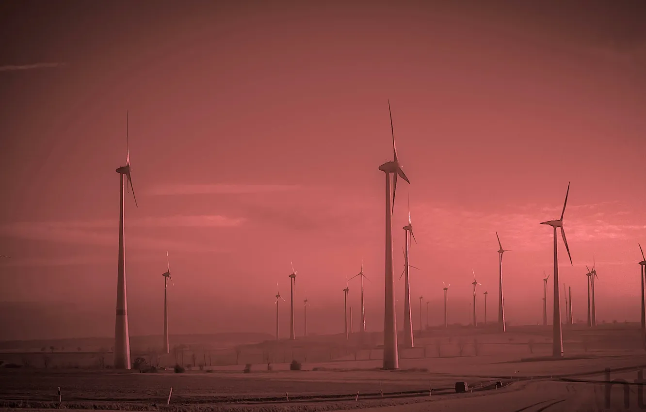 Фото обои Германия, дымка, ветряная мельница, Тюрингия, ветроэлектрогенератор