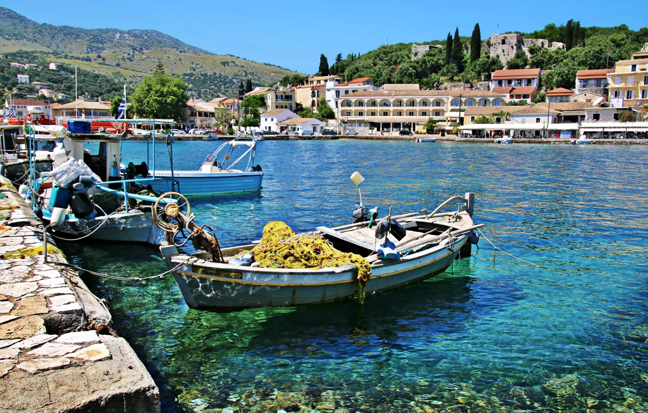Фото обои city, sea, mountains, boat, fishing boat