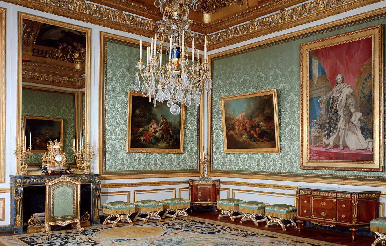 Фото обои дизайн, Франция, интерьер, картины, зал, дворец, люстры, Версаль