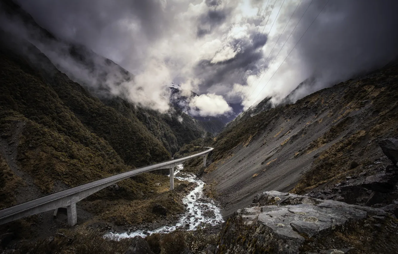 Фото обои дорога, горы, мост, Новая Зеландия, Артурс Пасс