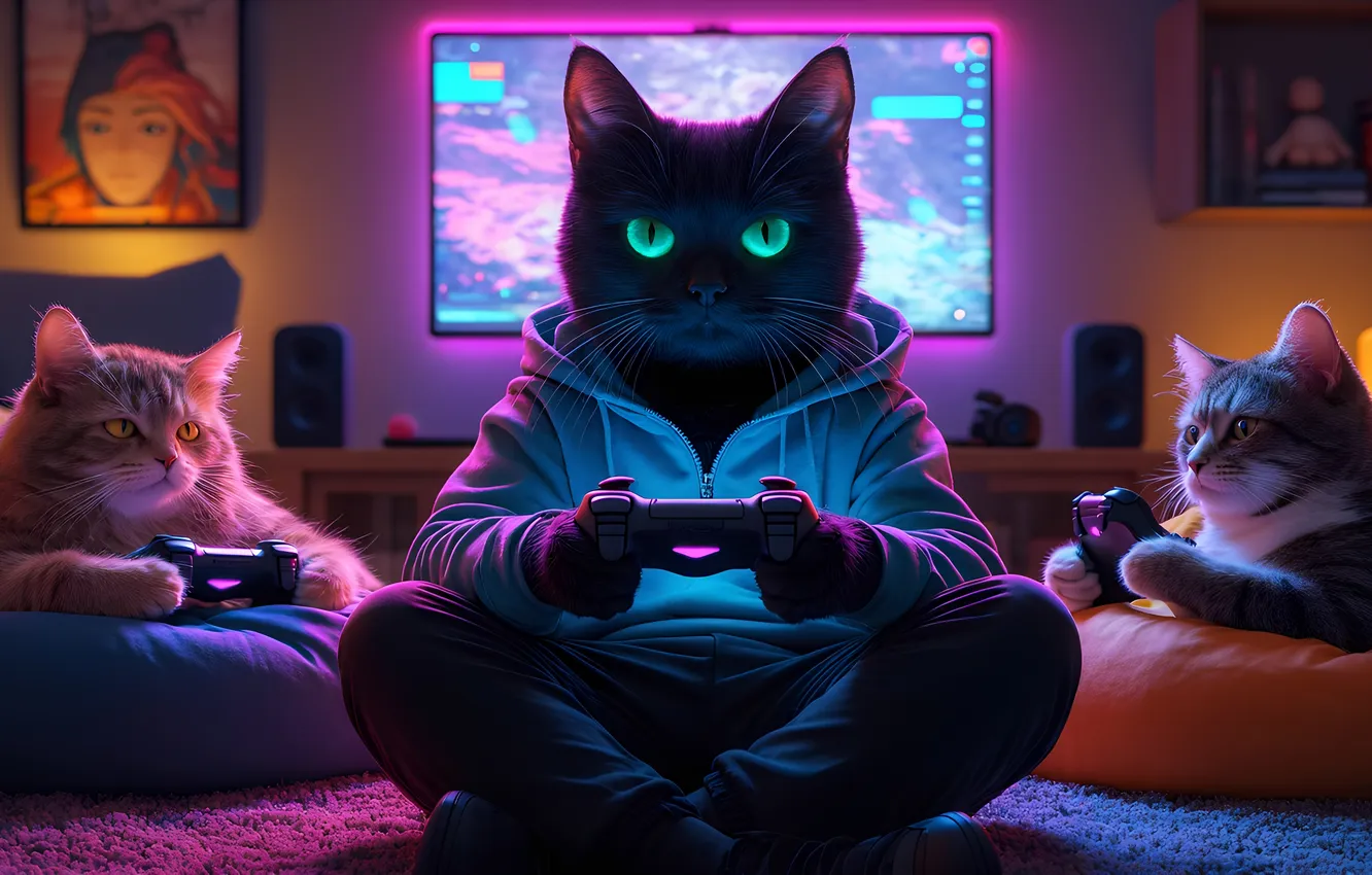 Фото обои игры, коты, геймеры, джостики, игроманы