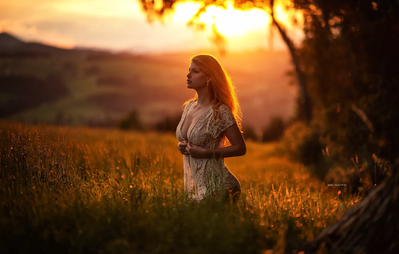 Фото обои поле, девушка, закат, модель, красиво, Miki Macovei