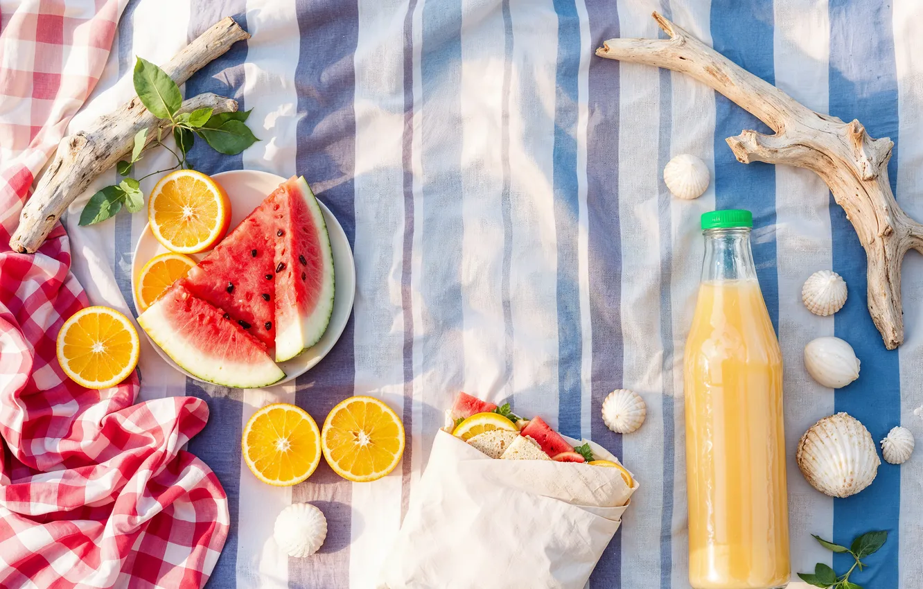Фото обои пляж, лето, солнце, отдых, summer, фрукты, sunshine, пикник