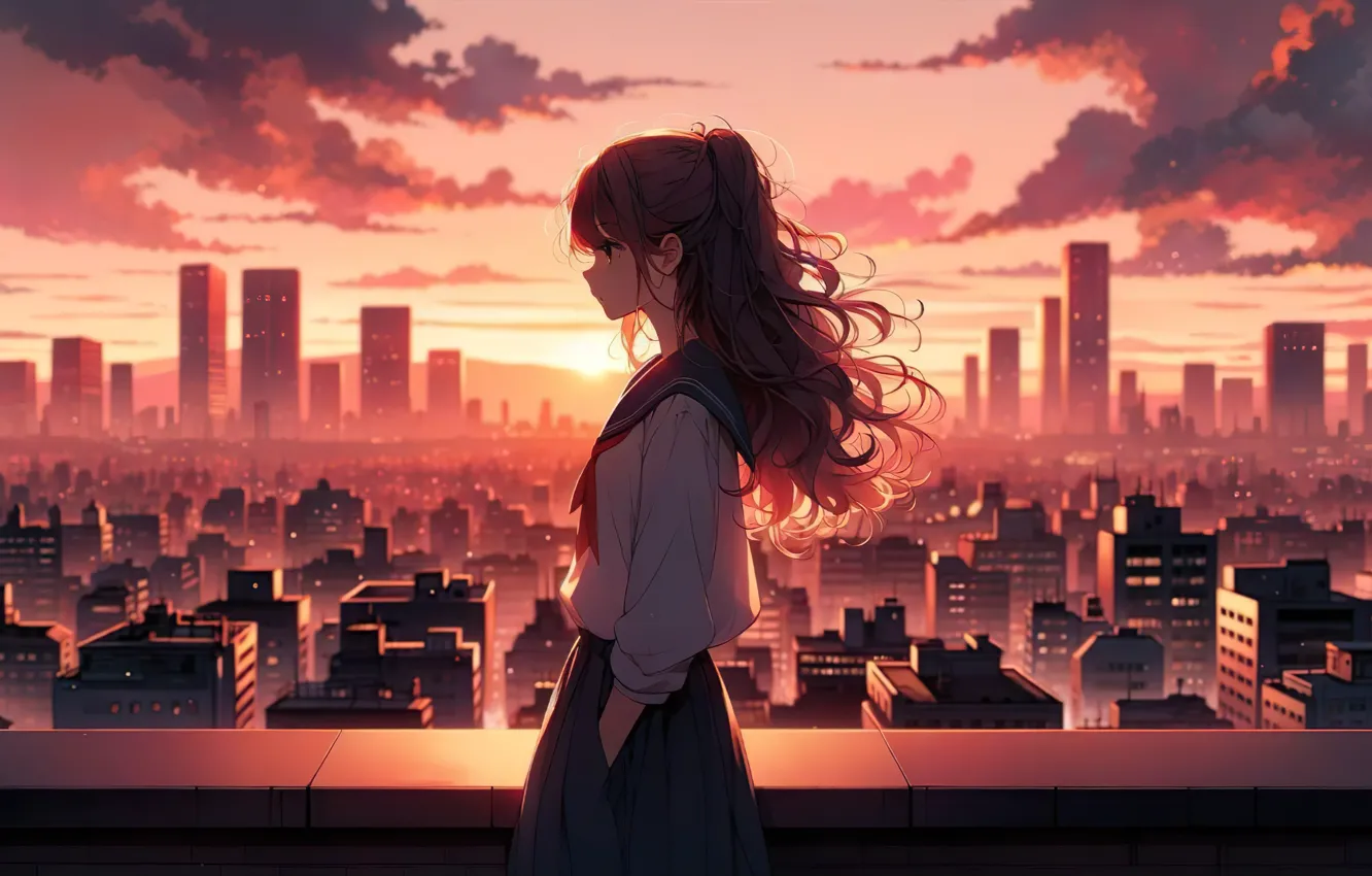 Фото обои school uniform, sky, cityscape, anime girls, schoolgirl, hands in pockets, sunset glow